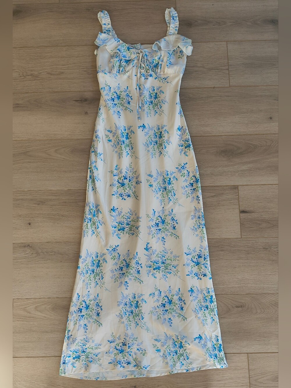 American Threads Ivory Satin Blue Purple Floral Cottagecore Dress | Size XS